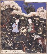 unknow artist Elijah and khizr as mirror images,near the fount of life where their twin fish have resuscitated oil on canvas